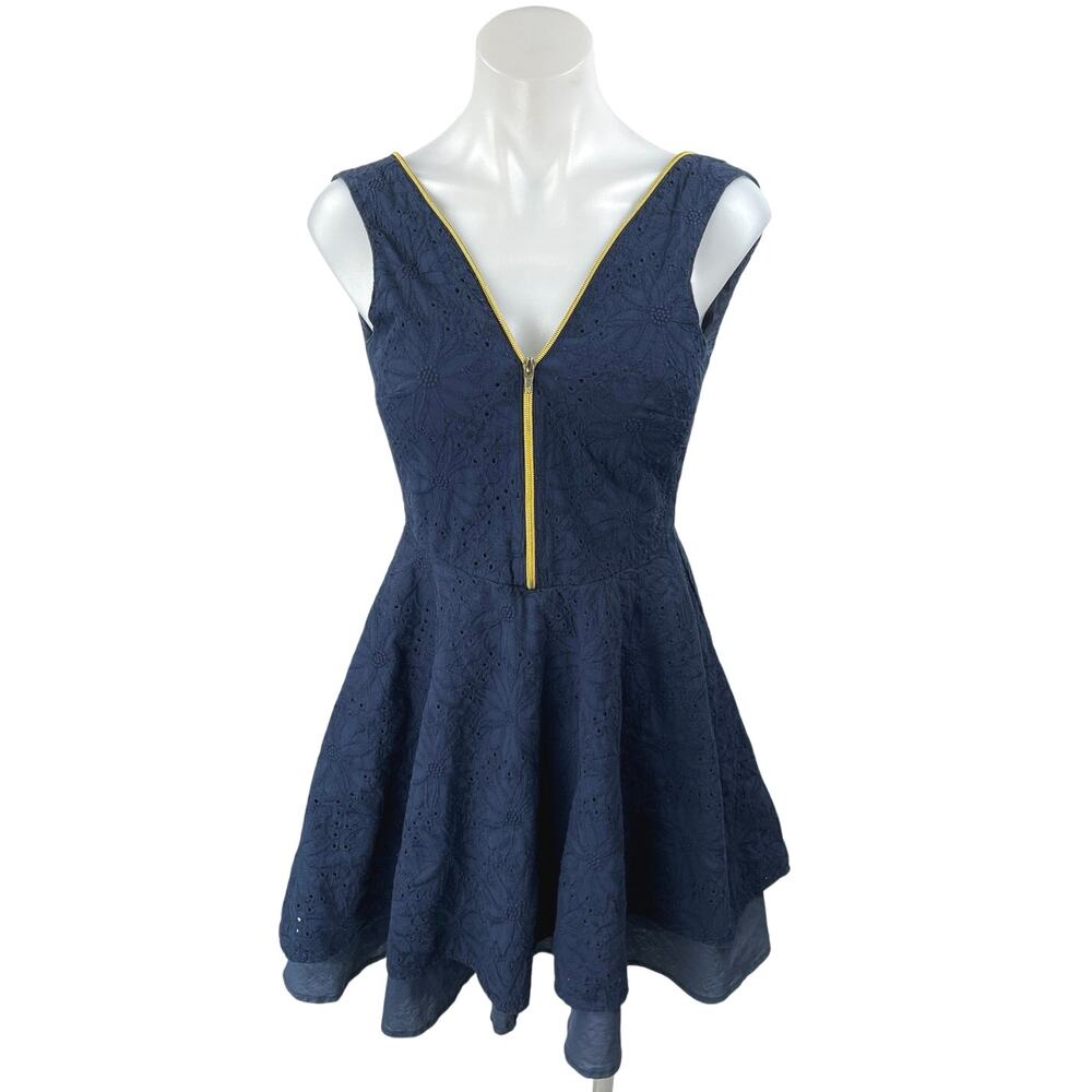 Ark & Co Navy Blue Yellow Zip Up Floral Embroidered Pleated Mini A Line Dress S